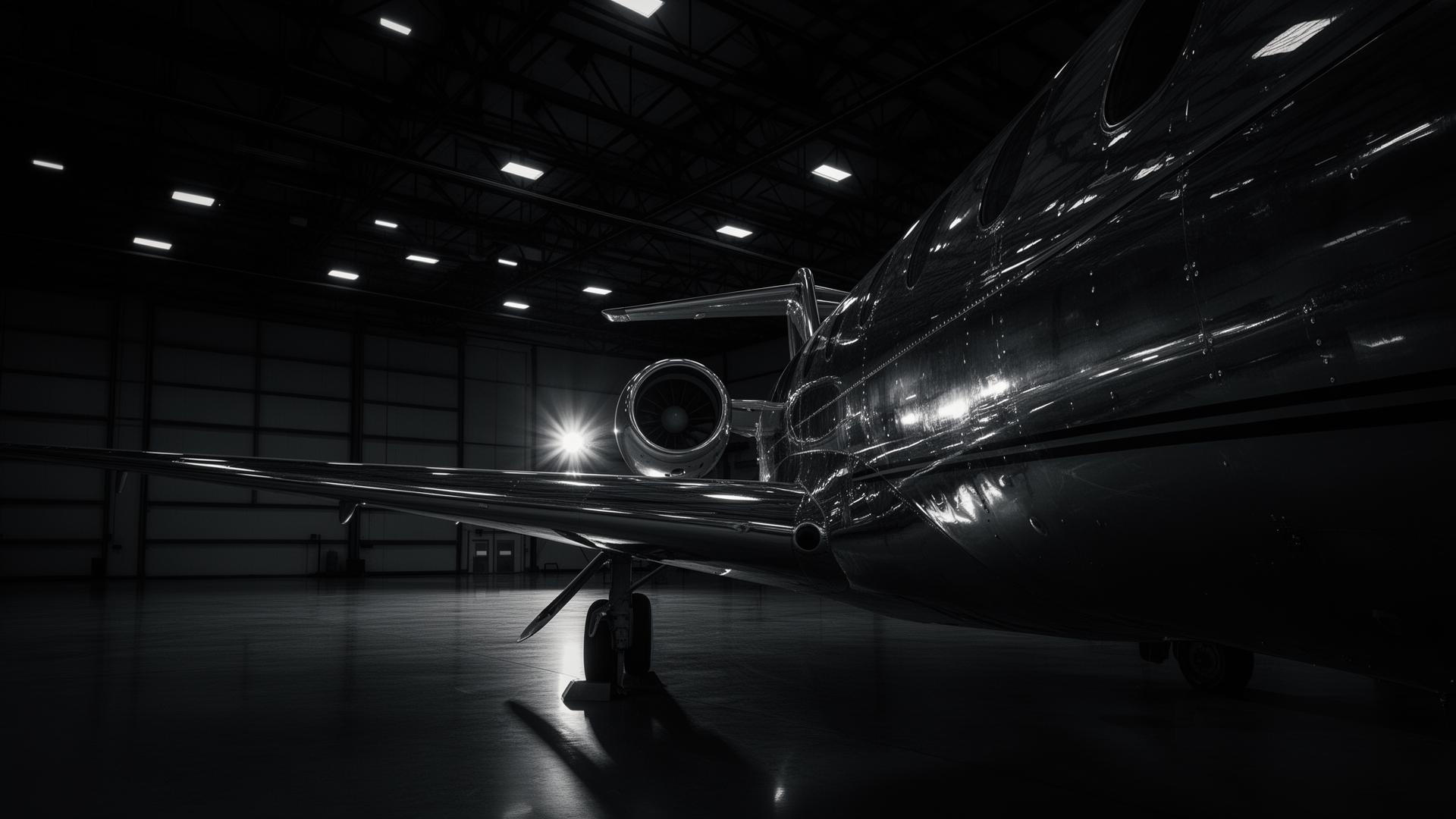 Business jet wing in hangar